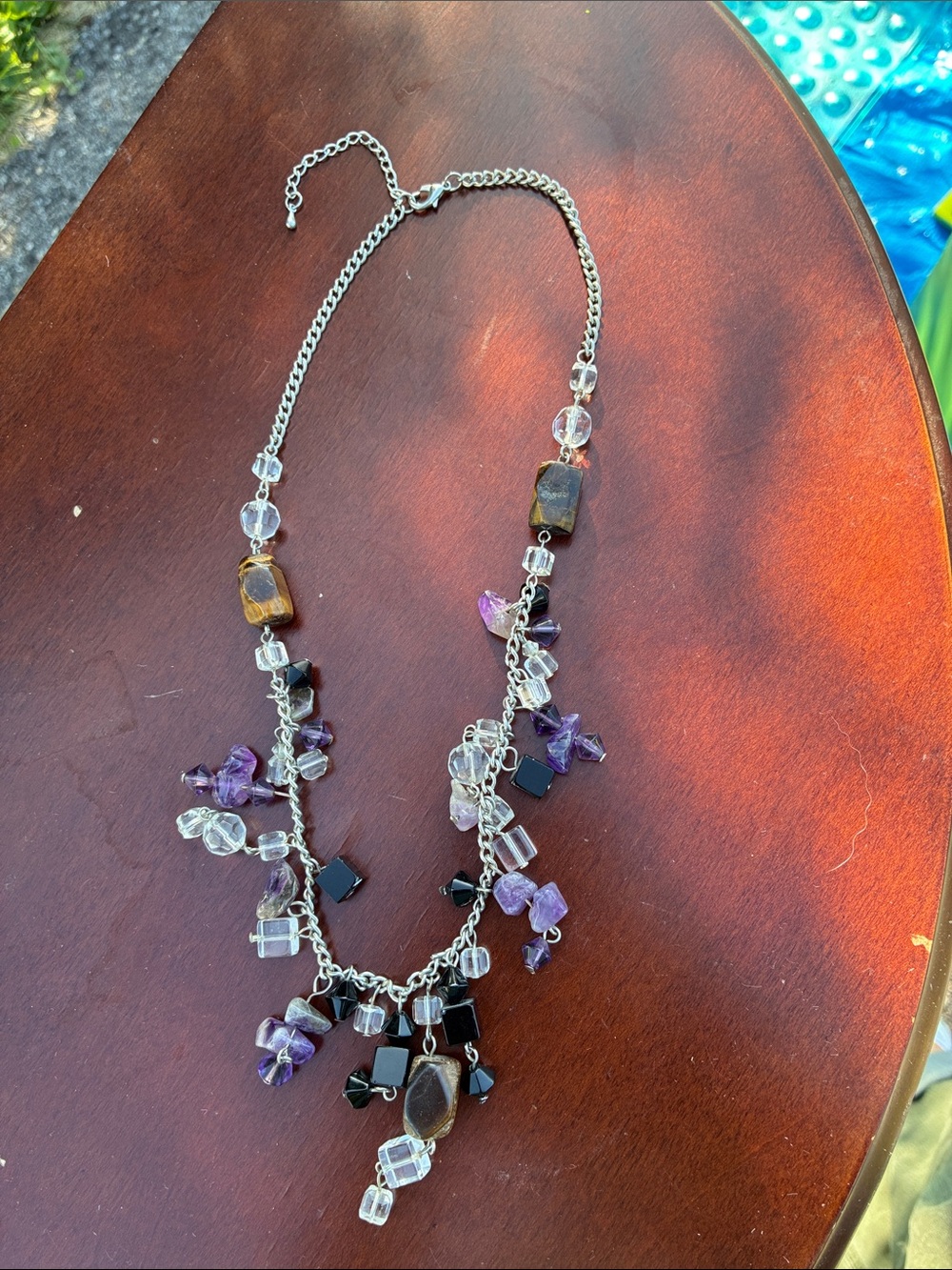 Silver-Tone Necklace with Purple, Black and Brown Beads